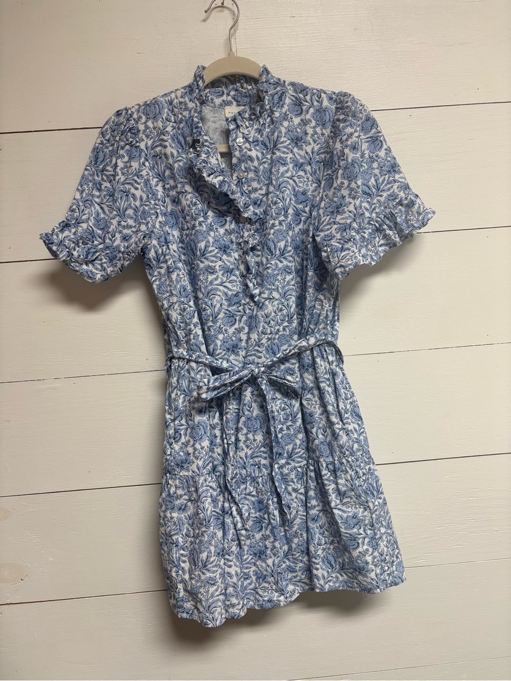 Entro Blue White Toile Floral Belted Ruffle Mini Shirt Dress Medium